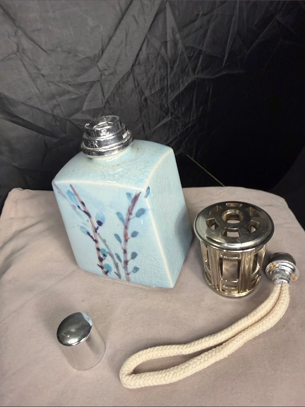 Ceramic Fragrance Lamp with Light Blue Botanical Design vintage